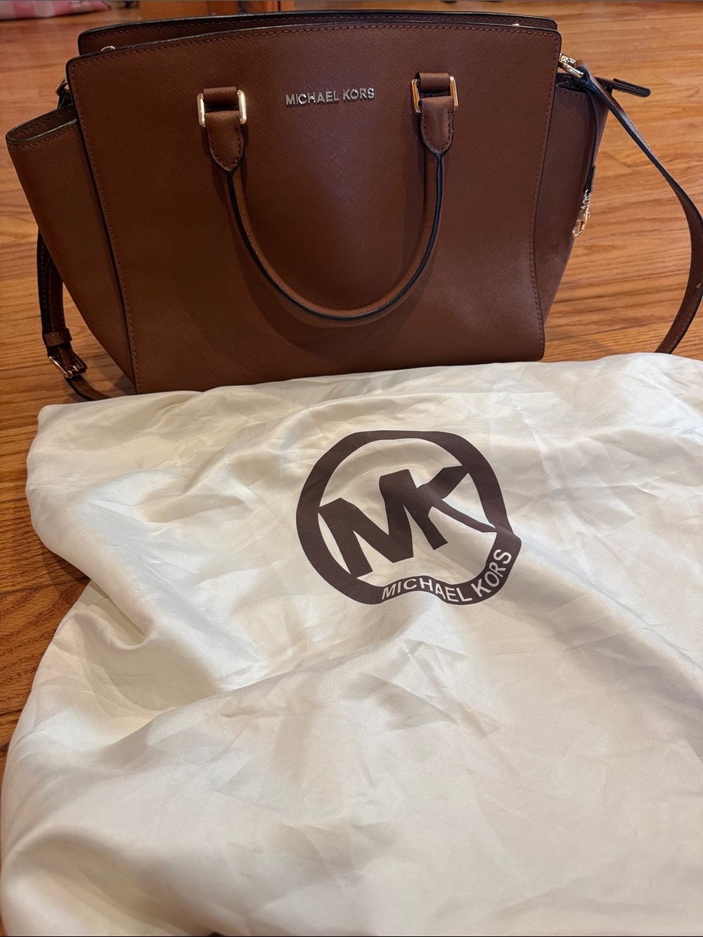 Michael Kors Brown Saffiano Leather Satchel with Gold Hardware